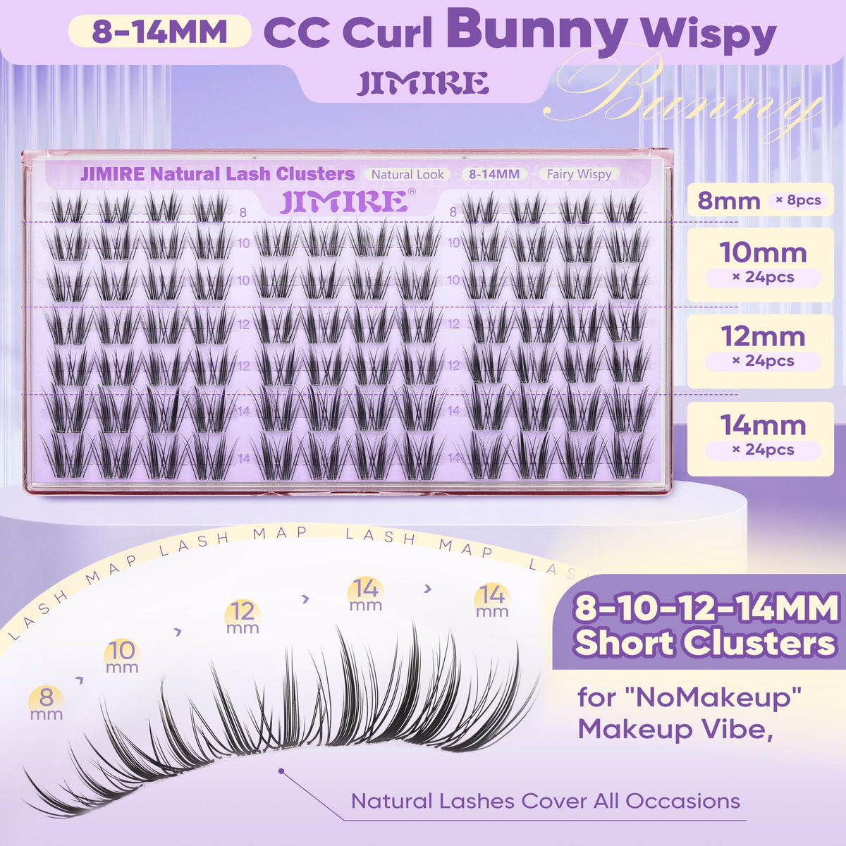 JIMIRE Wispy Lash Clusters 8-10-12-14MM size comparison