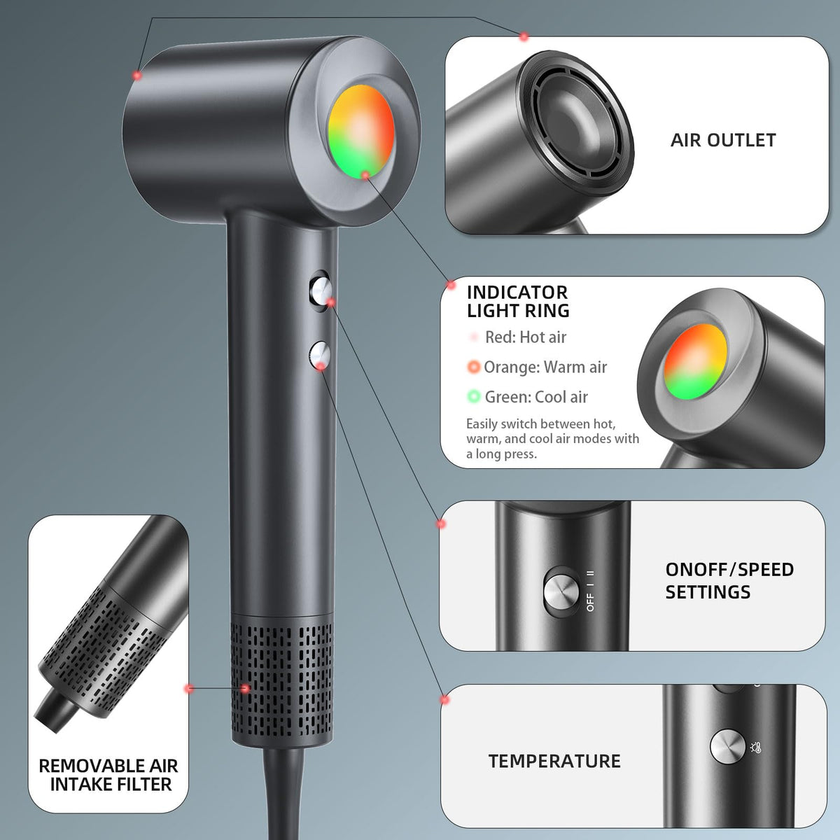 JITOOW Hair Dryer with precision nozzle for styling