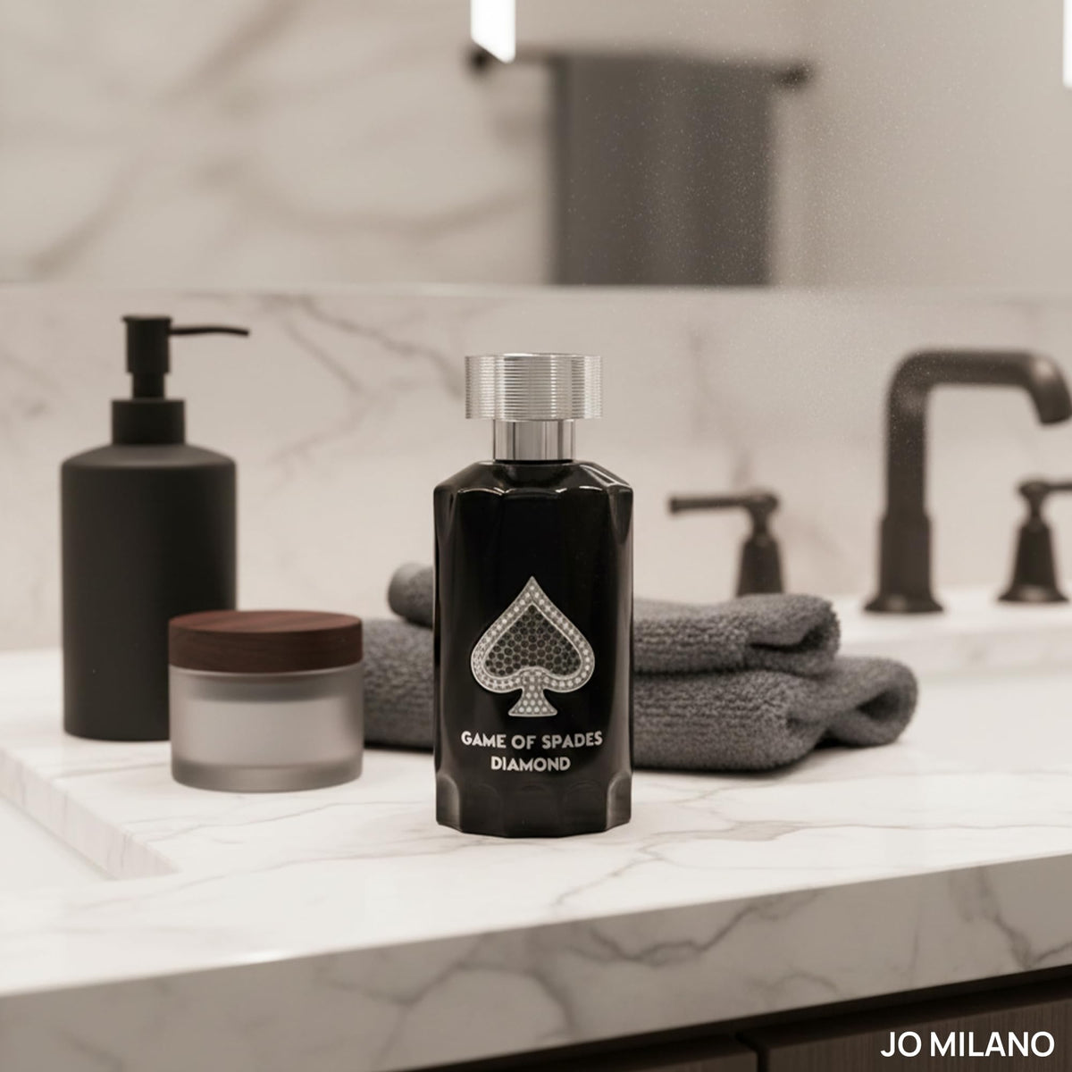 Jo Milano Game of Spades Diamond Parfum Spray 3.4 oz with floral background
