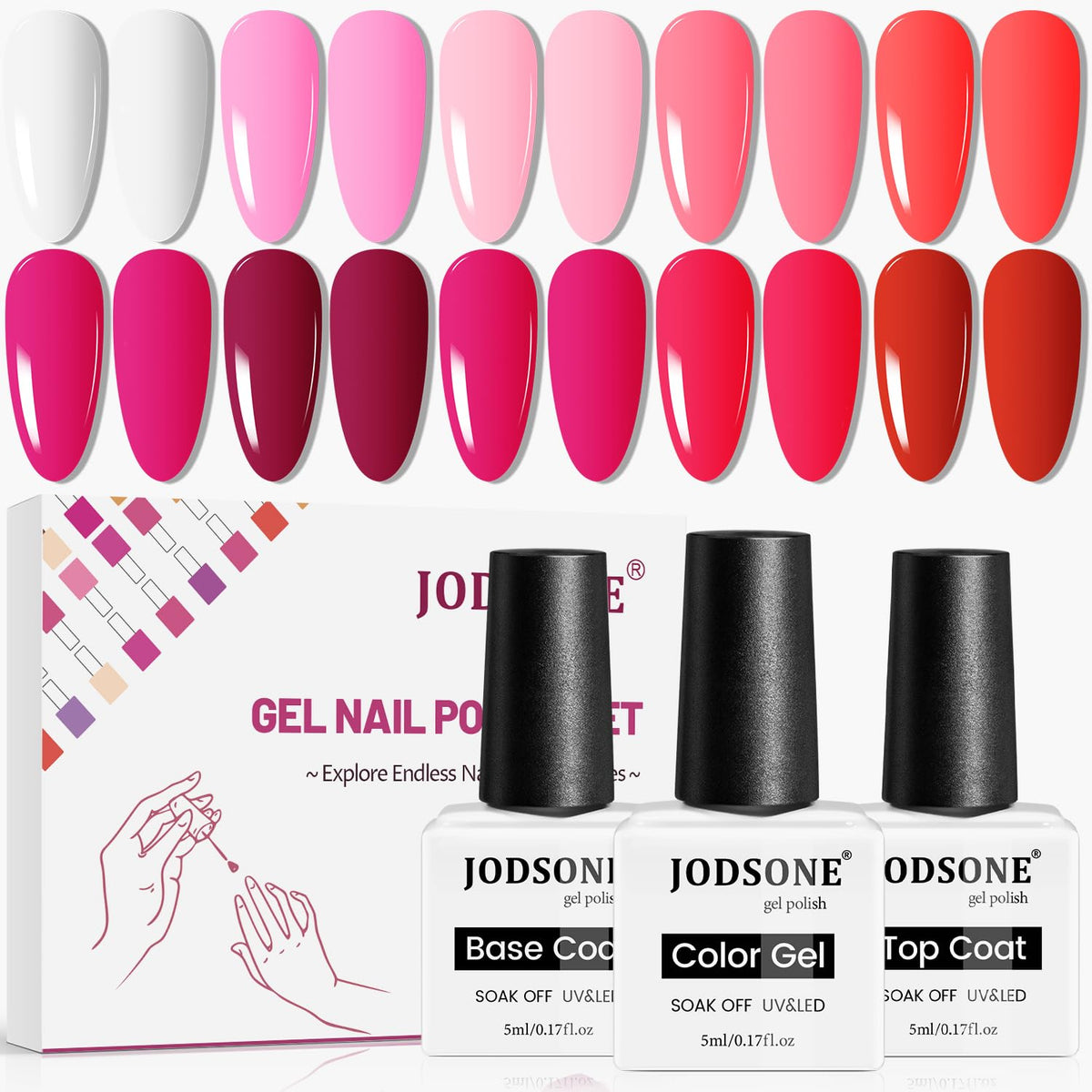 JODSONE 12 PCS Gel Nail Polish Set front view with base and top coat