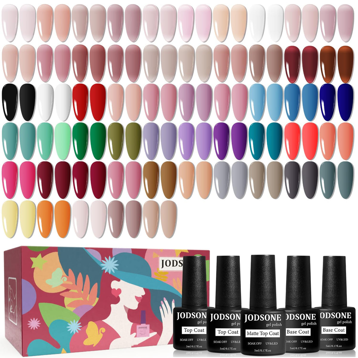 JODSONE 60 PCS Gel Nail Polish Set with 55 colours and base coats