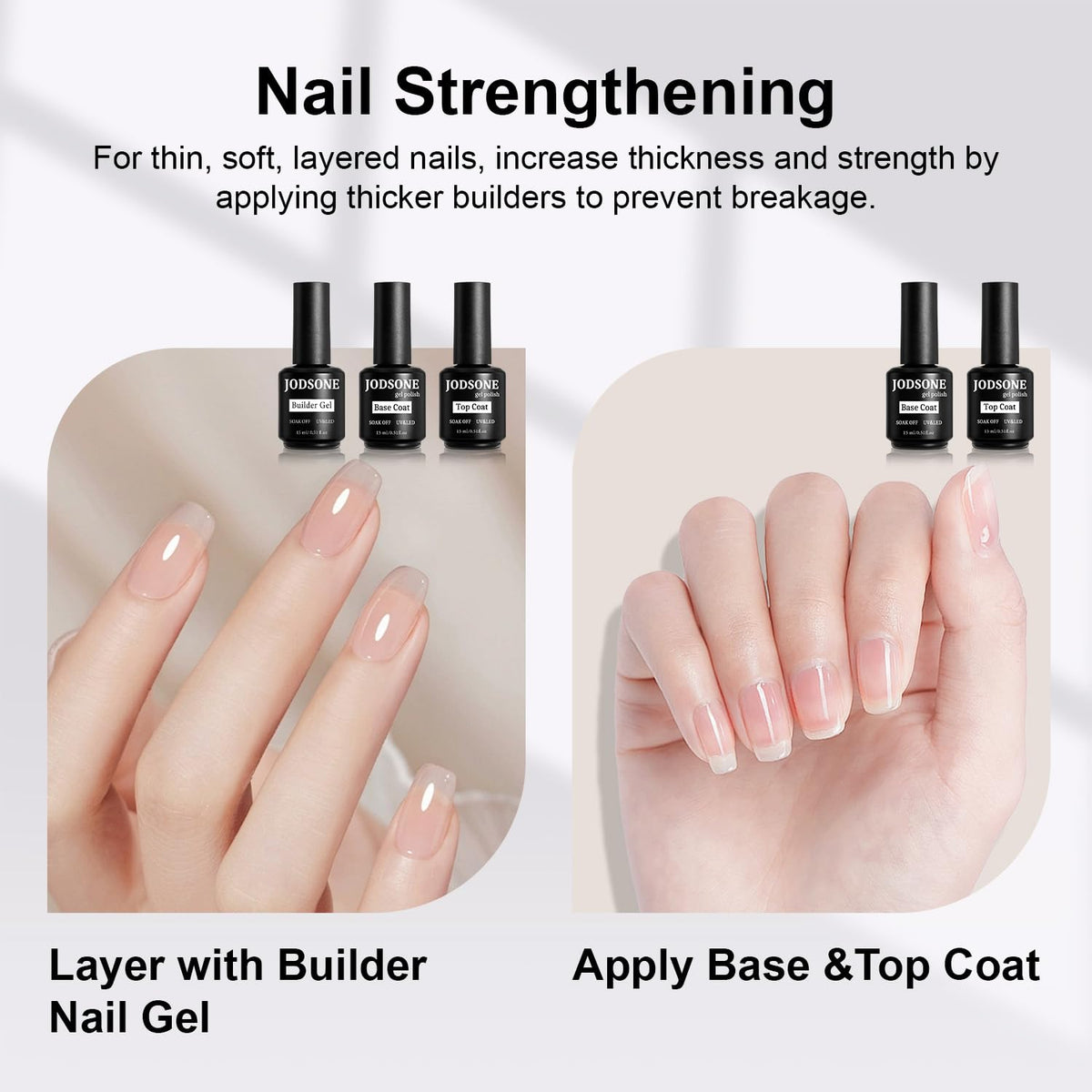 JODSONE Base Coat Top Coat and Builder Gel bottles with labels