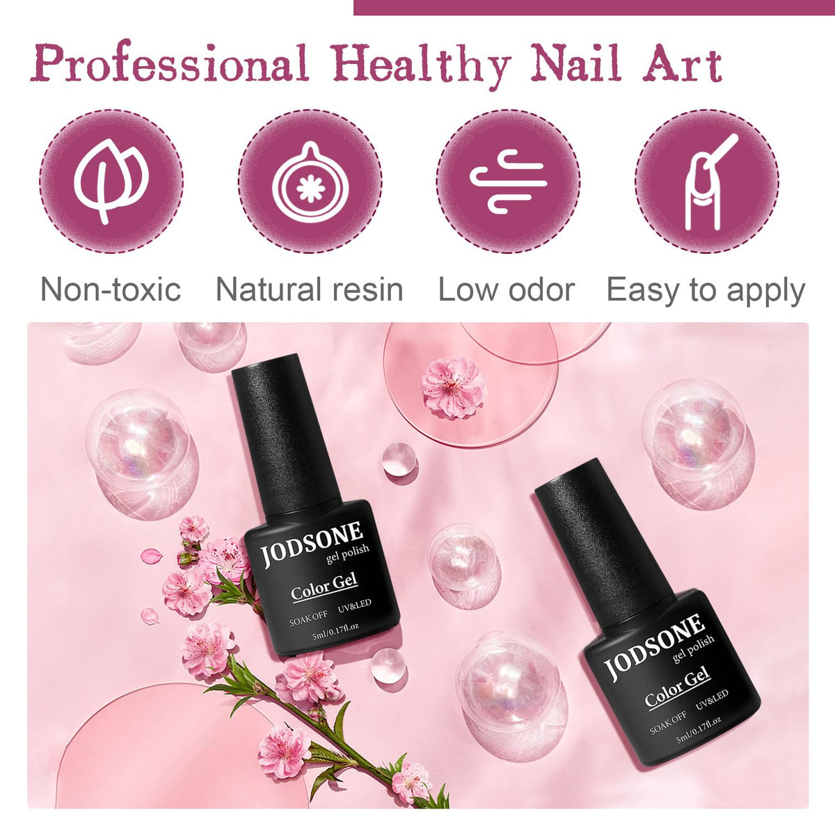 JODSONE gel nail polish bottles arranged by colour