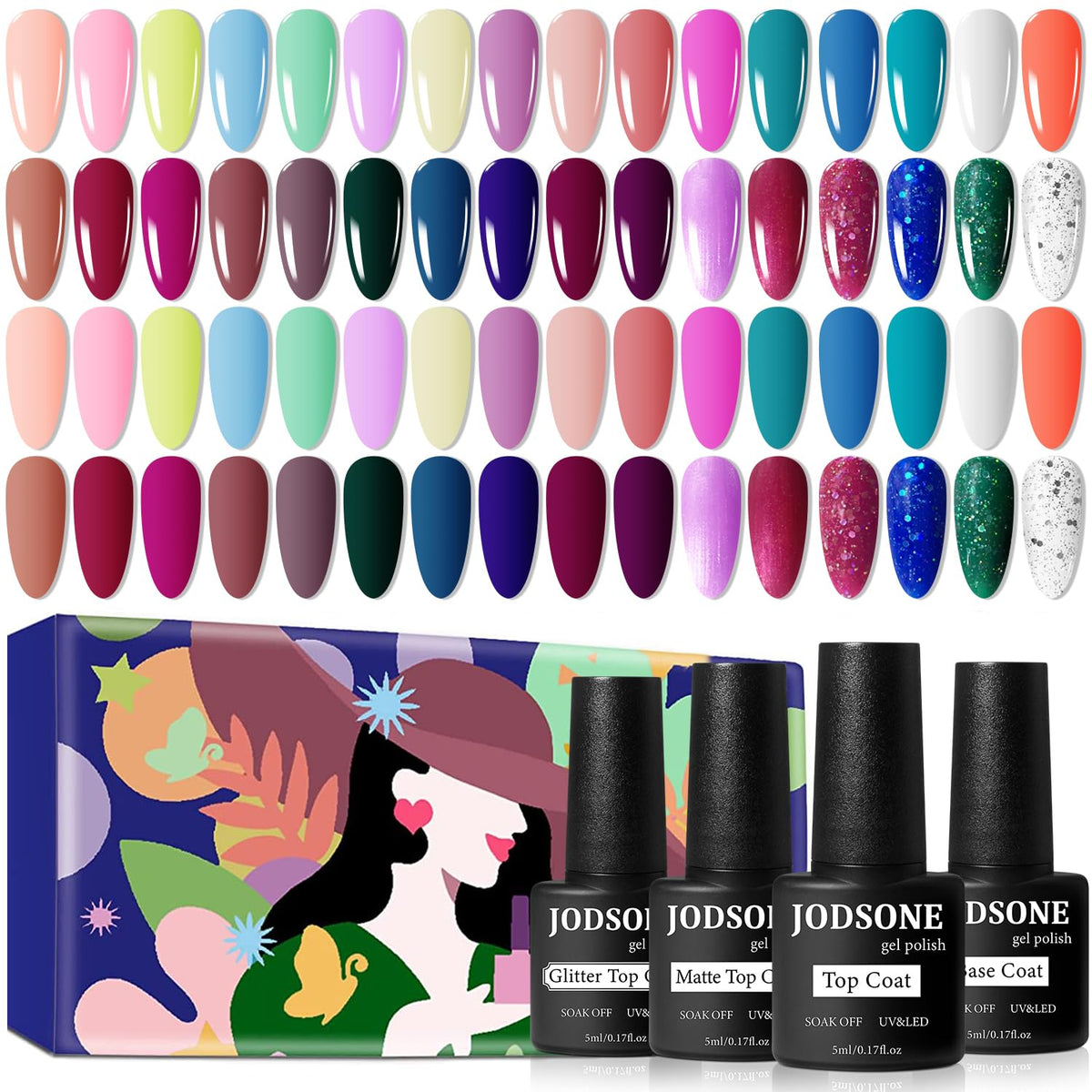 JODSONE Gel Nail Polish Kit with 32 colours and 4 top coats