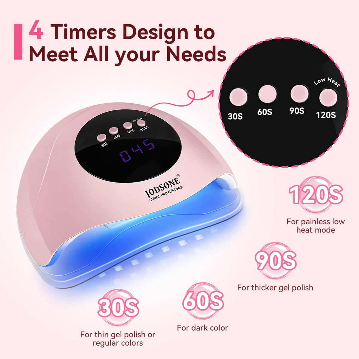 JODSONE Quick UV LED Nail Lamp showing timer settings