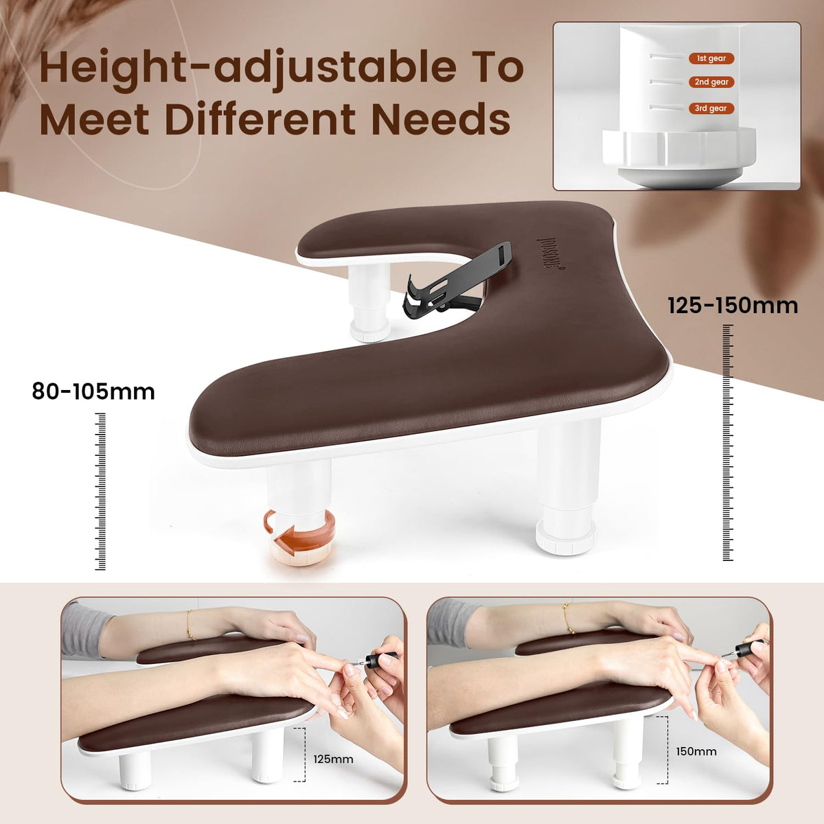 JODSONE U-Shaped Brown Arm Rest side view showing adjustable height