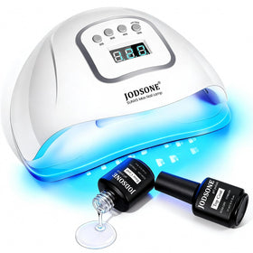 JODSONE UV LED Nail Lamp front view with base and top coat bottles