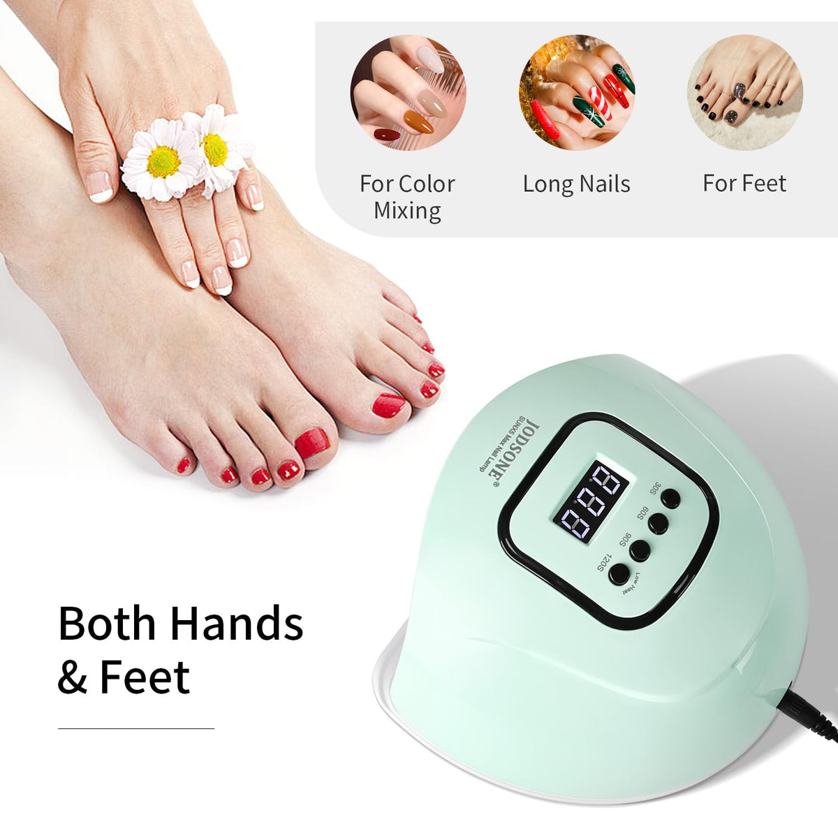 JODSONE UV LED Nail Lamp light green showing timer settings
