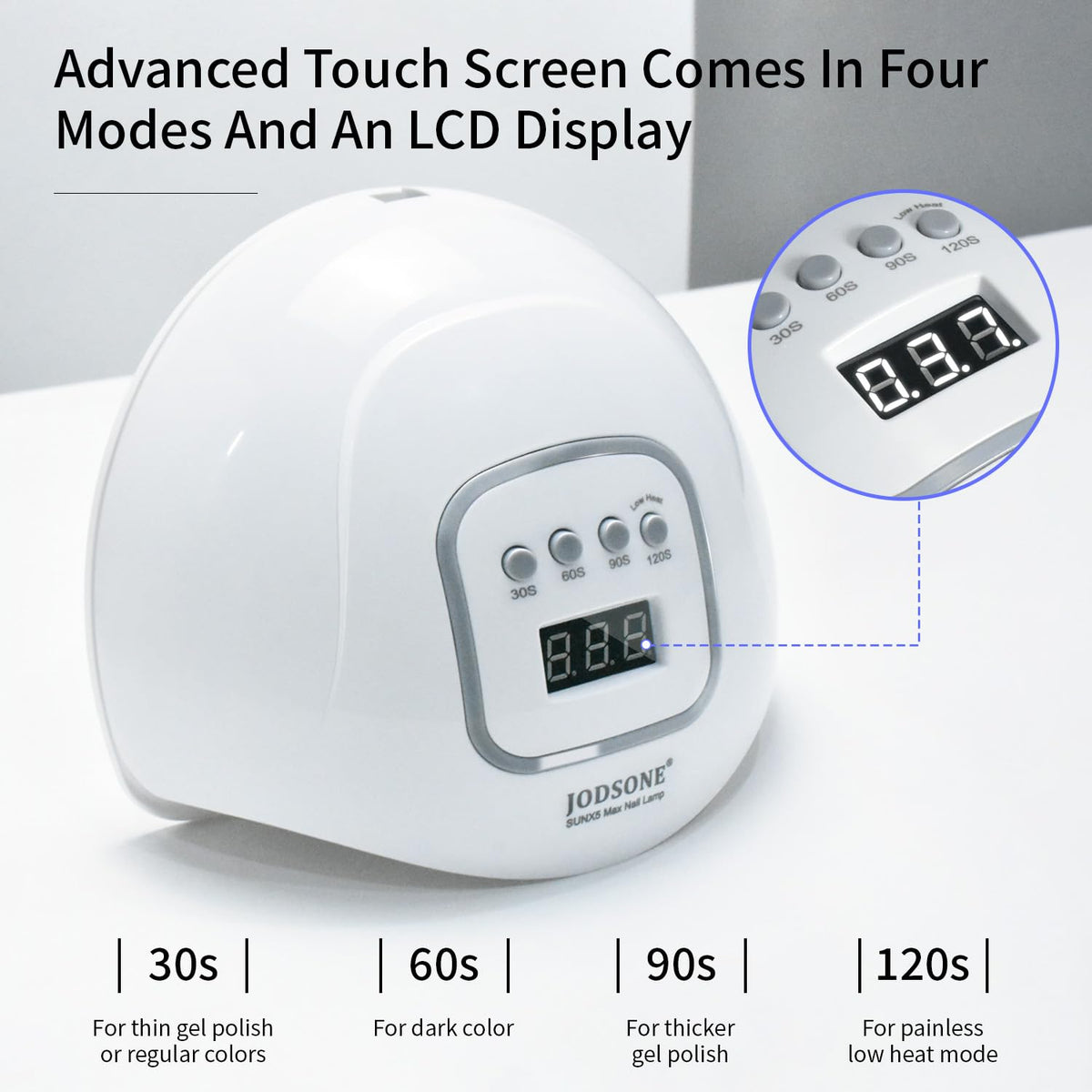 JODSONE UV LED Nail Lamp side view showing timer buttons