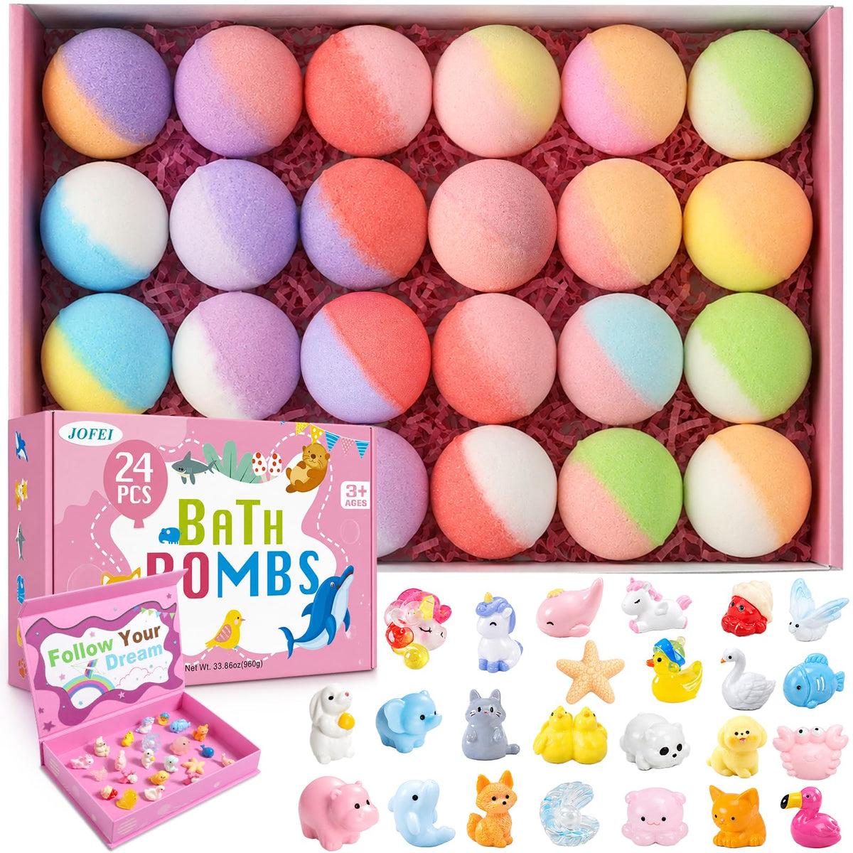 JOFEI 24 pack bath bombs for kids with vibrant colours and animal toys