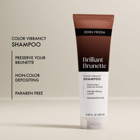 John Frieda Brilliant Brunette Color Vibrancy Shampoo on a bathroom shelf