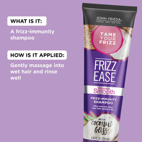 John Frieda Frizz Ease Beyond Smooth Shampoo in a bathroom setting