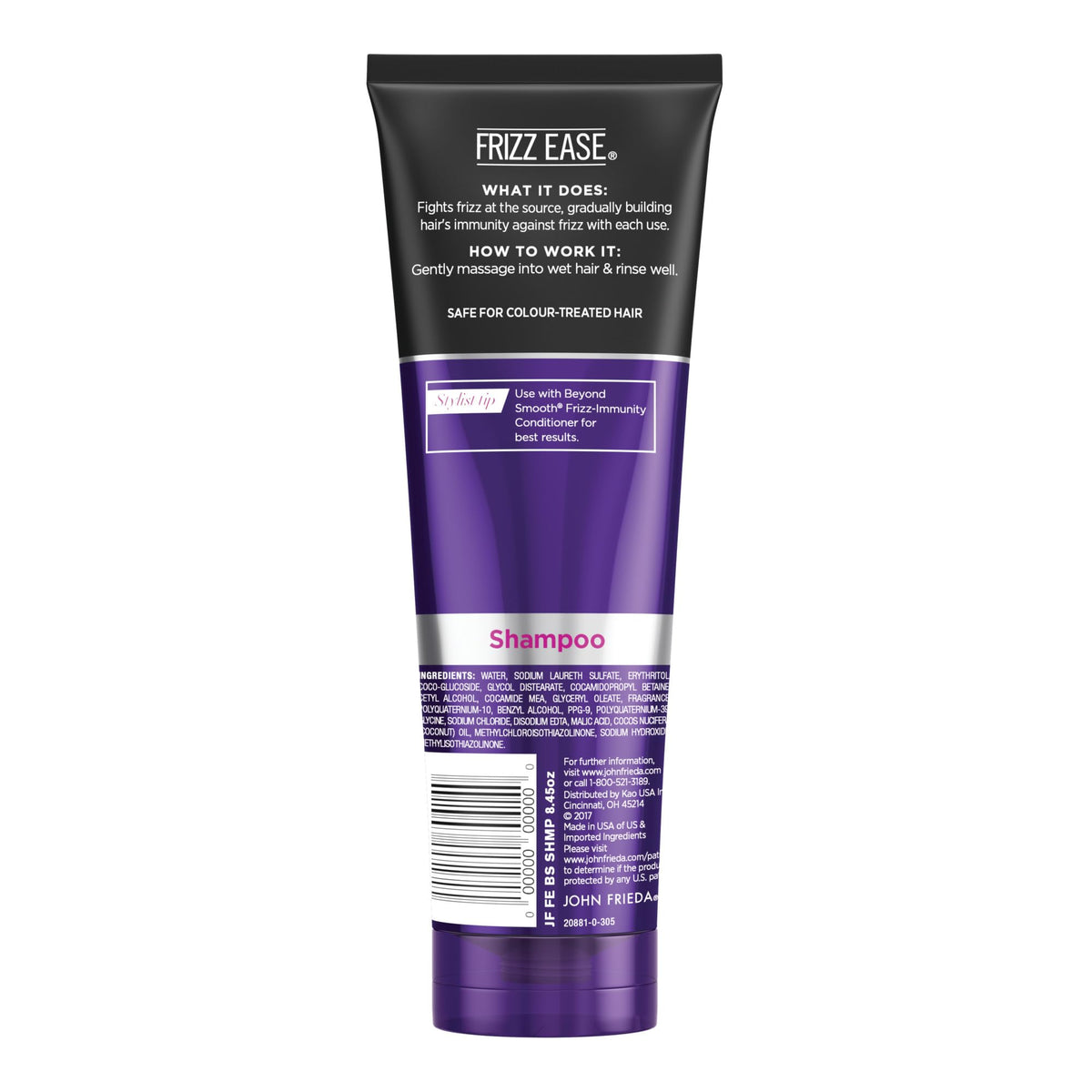John Frieda Frizz Ease Beyond Smooth Shampoo with a background of coconut