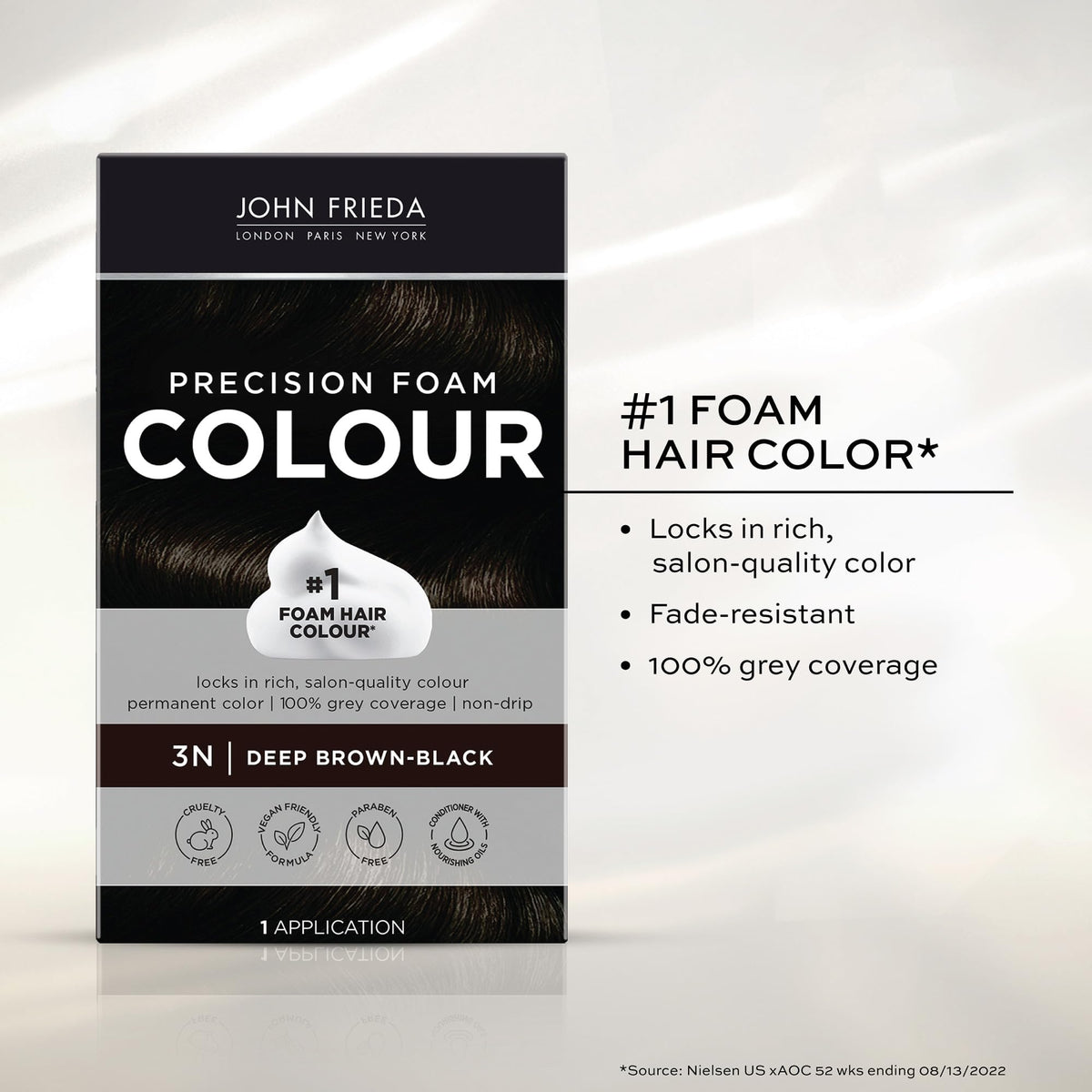 John Frieda Precision Foam Colour Deep Brown Black 3N gloves and instructions