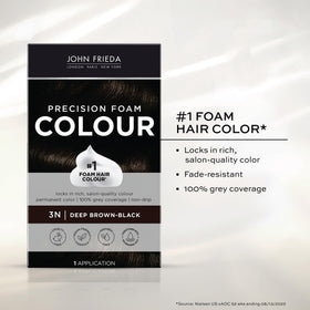 John Frieda Precision Foam Colour Deep Brown Black 3N gloves and instructions