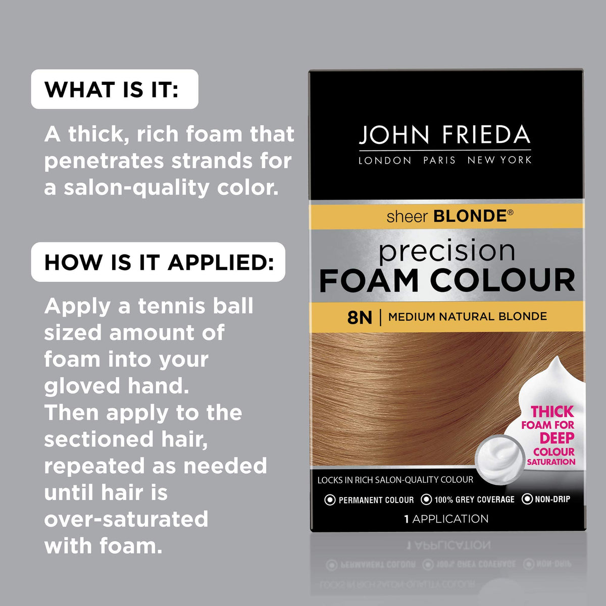John Frieda Precision Foam Colour Medium Natural Blonde 8N contents including foamer and gloves