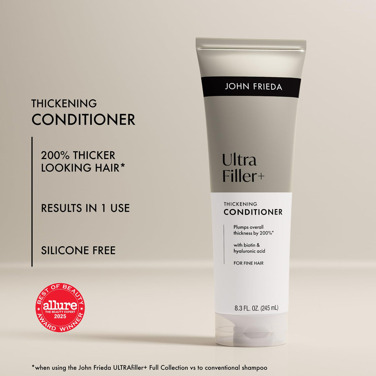 John Frieda ULTRAfiller+ Thickening Conditioner on bathroom shelf