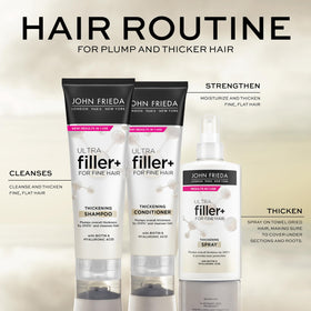 John Frieda ULTRAfiller+ Thickening Shampoo beside conditioner and spray