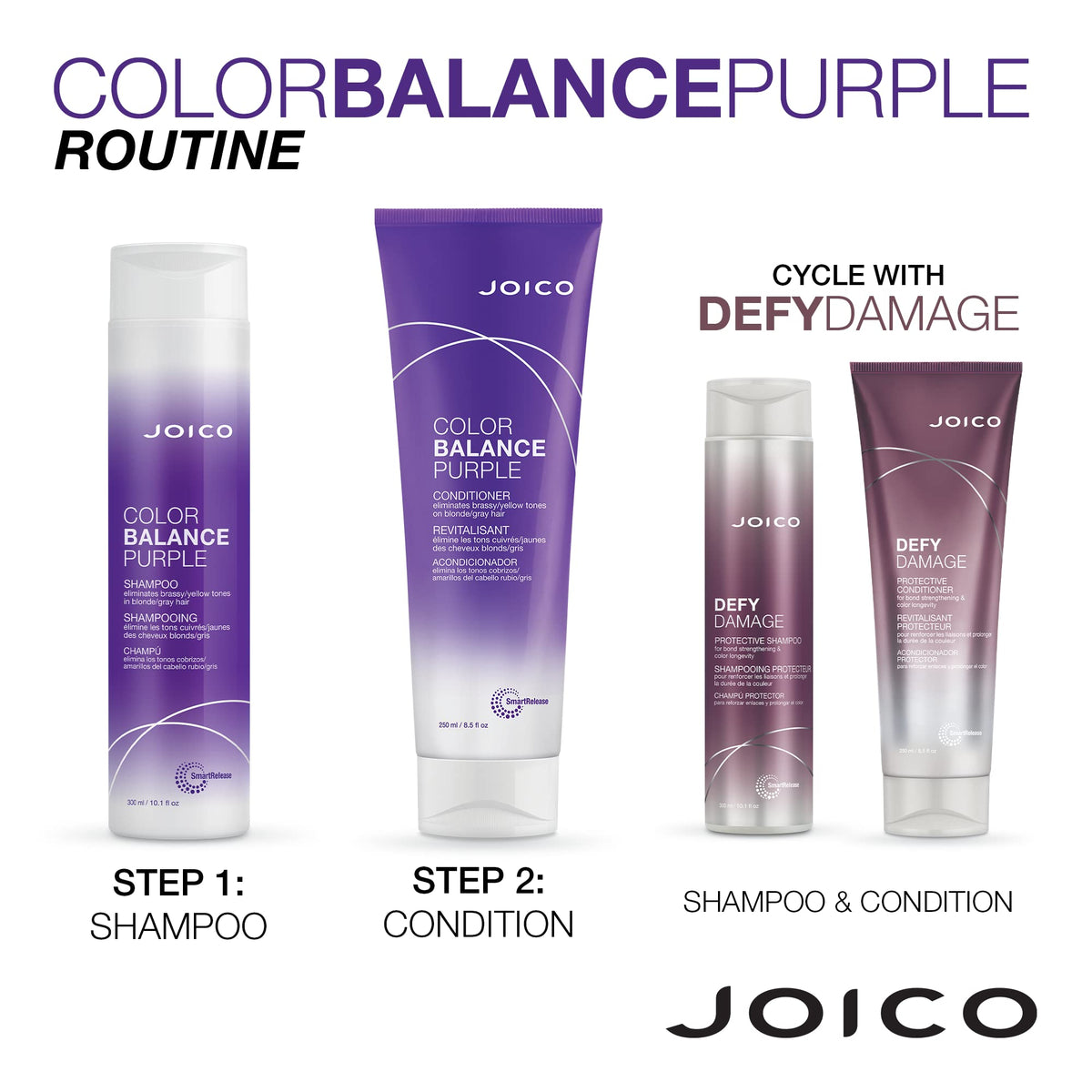Joico Color Balance Purple Shampoo and Conditioner set on bathroom shelf