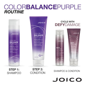 Joico Color Balance Purple Shampoo and Conditioner set on bathroom shelf