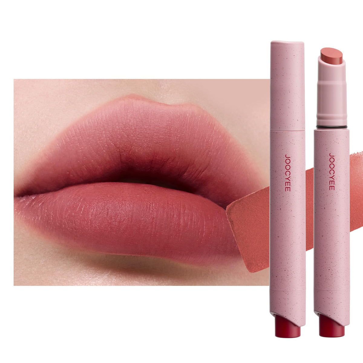 Joocyee Velvet Rouge Matte Lipstick Pencil in warm red pink shade front view