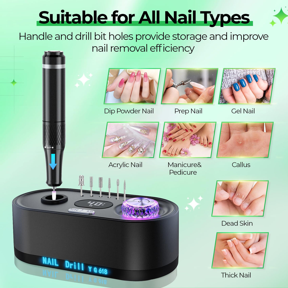 JOSGLOI Nail Drill handle close-up showcasing heat dissipation