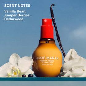Josie Maran Vanilla Vibezzz fragrance mist with beach background