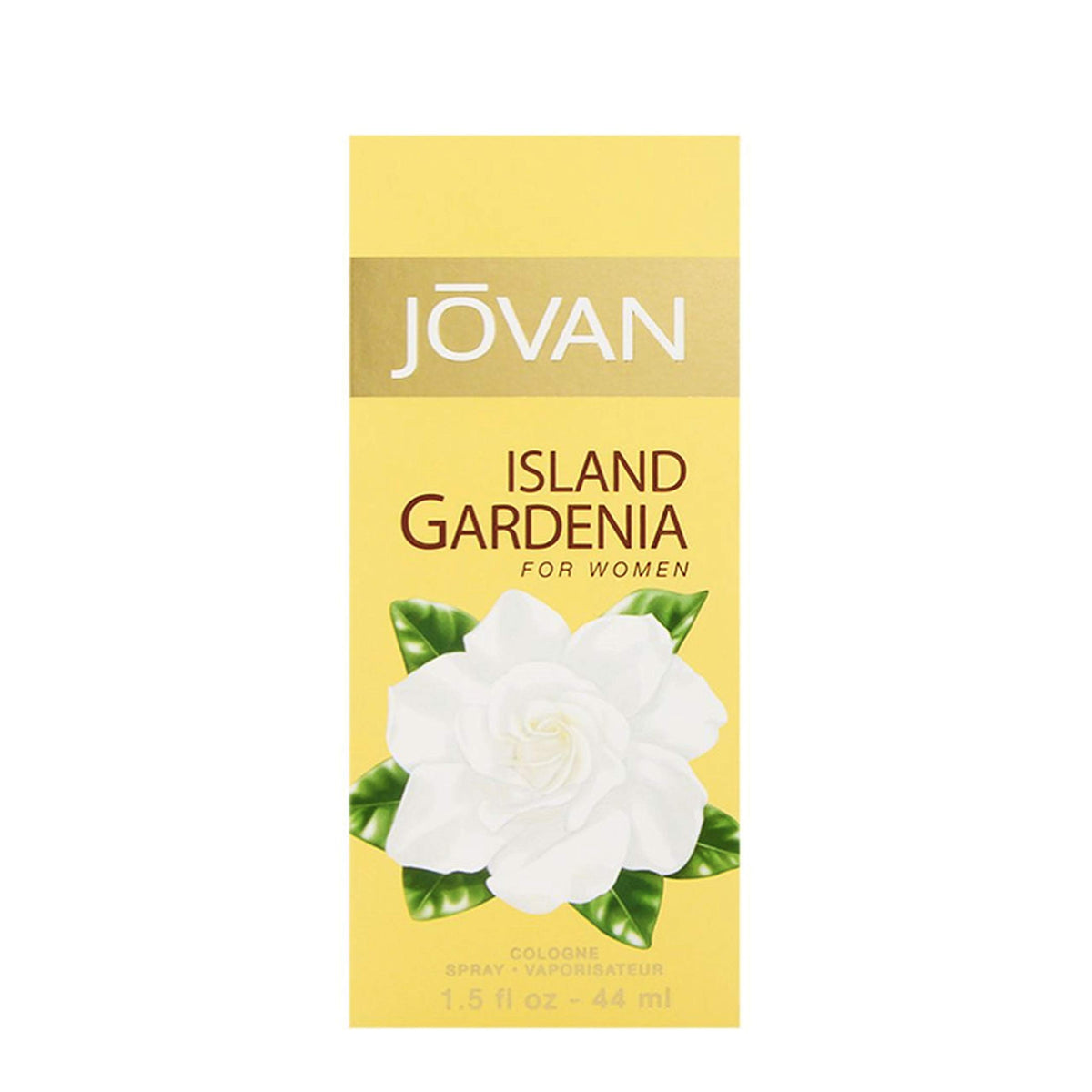 Jovan Island Gardenia Eau de Cologne bottle with floral background