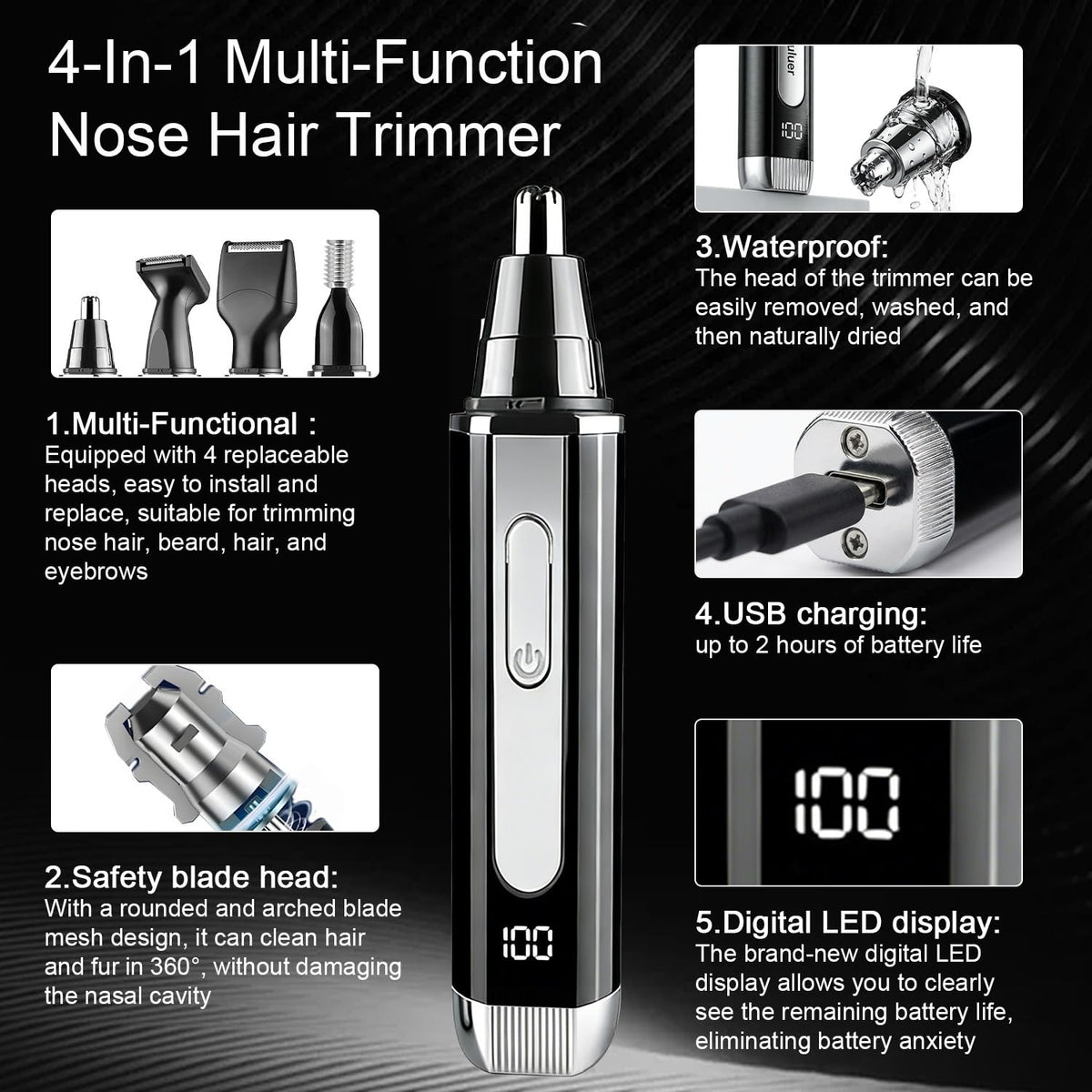 Joy RuDa Nose Hair Trimmer with USB-C charging cable