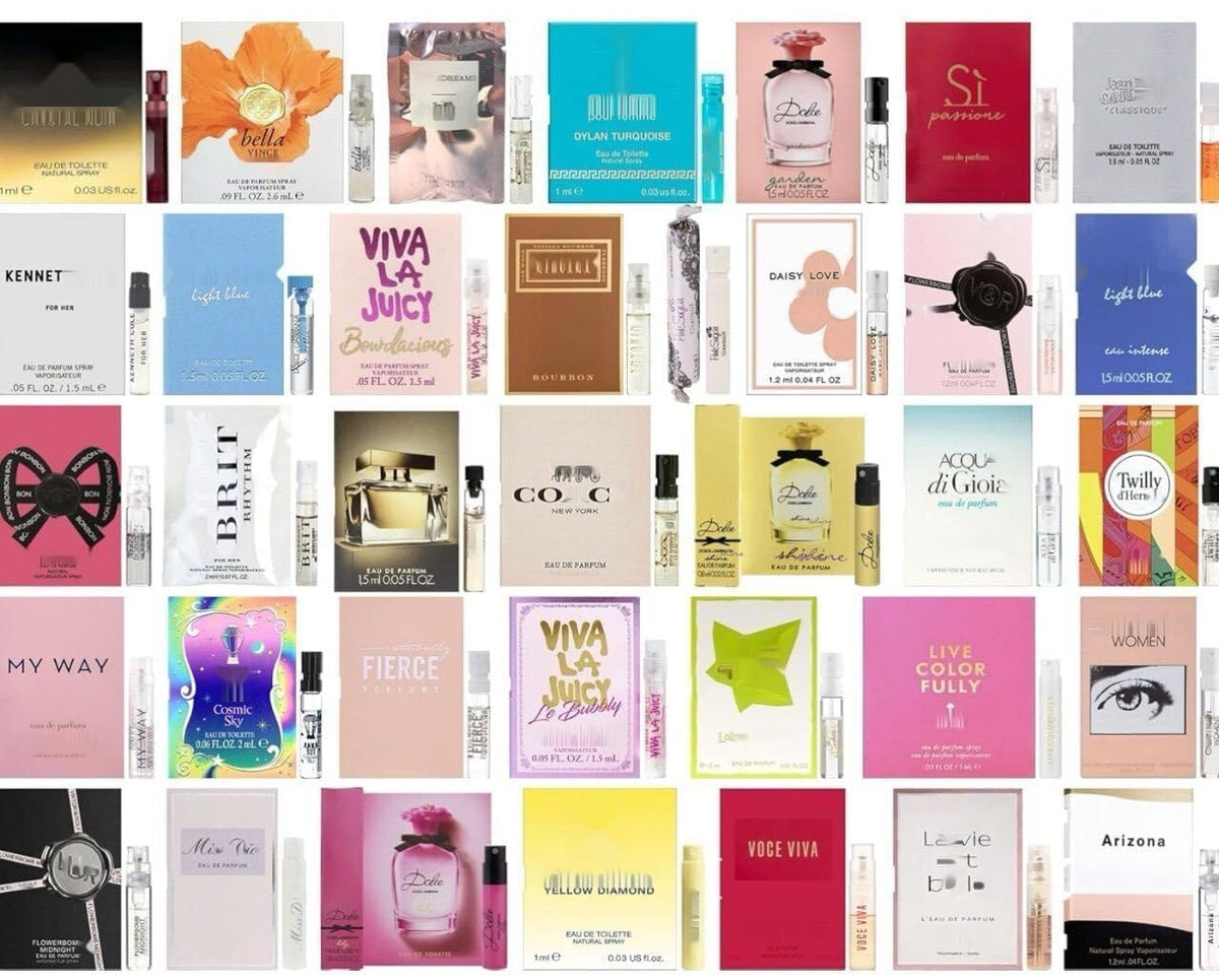 JRoBeauty fragrance sample set displayed with a travel bag