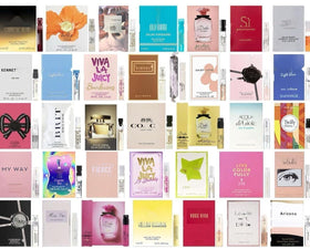 JRoBeauty fragrance sample set displayed with a travel bag