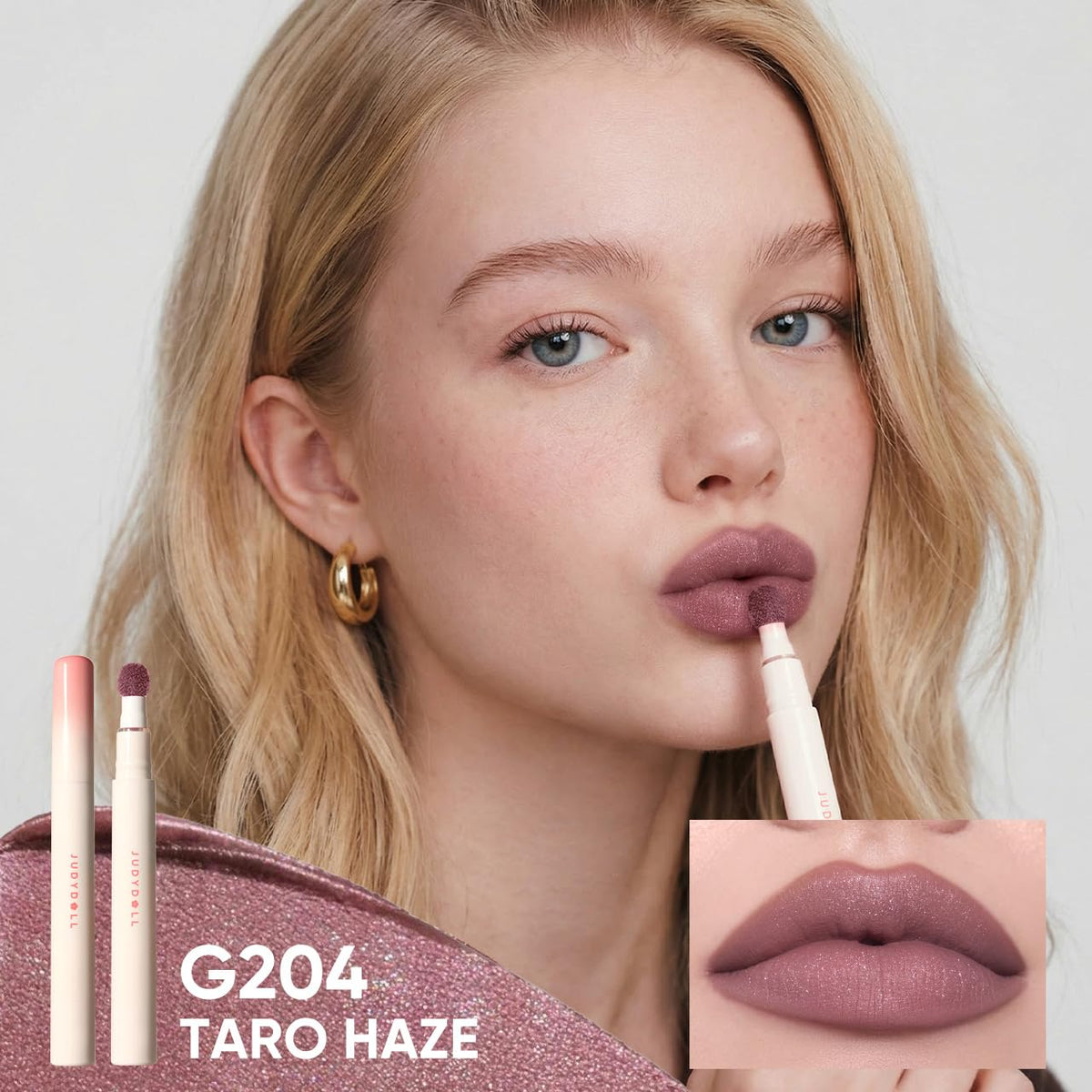 JUDYDOLL Cushion Matte Lip Cream G204 Taro Haze applicator close-up