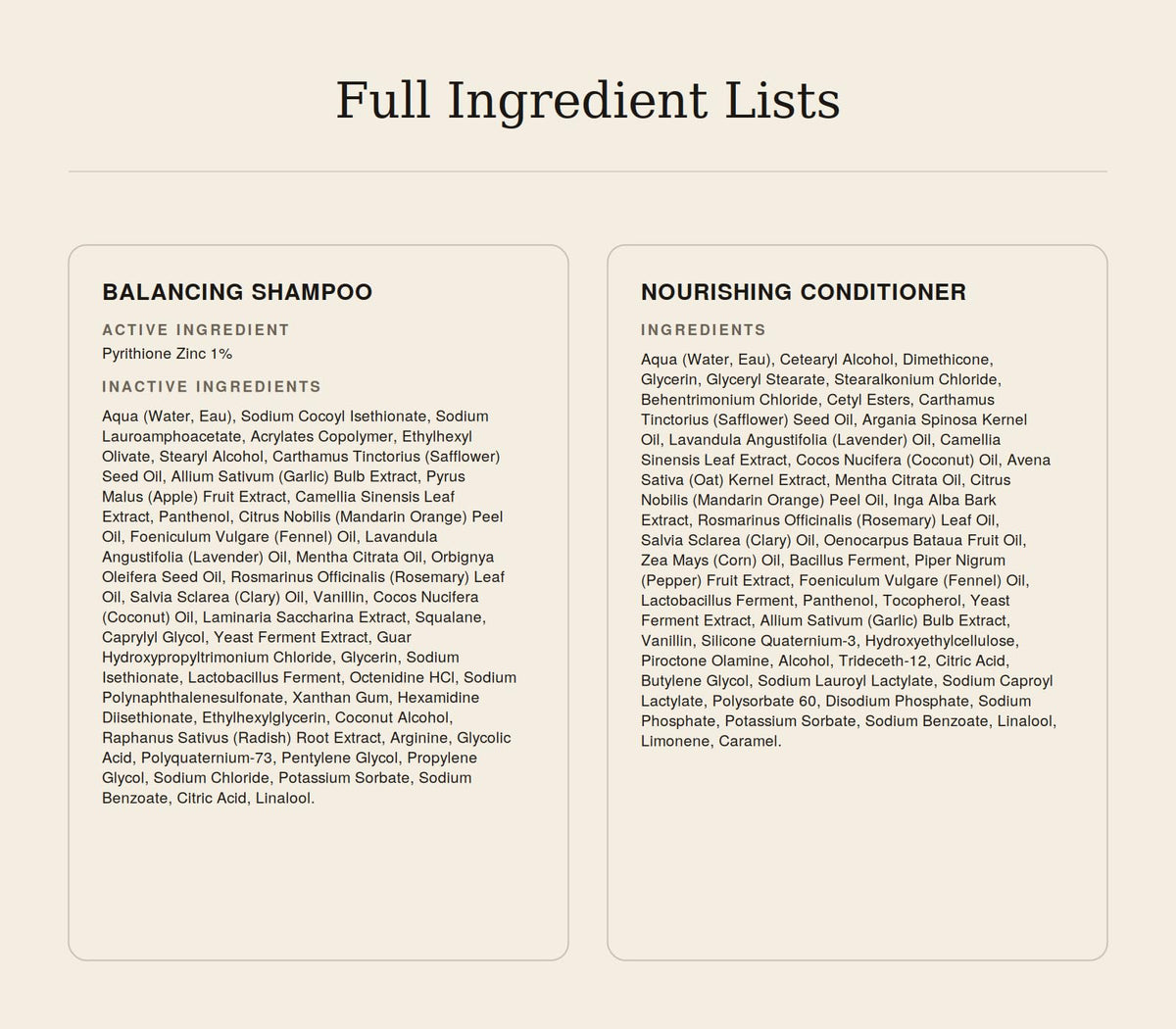 Jupiter Balancing Shampoo and Nourishing Conditioner with ingredients display