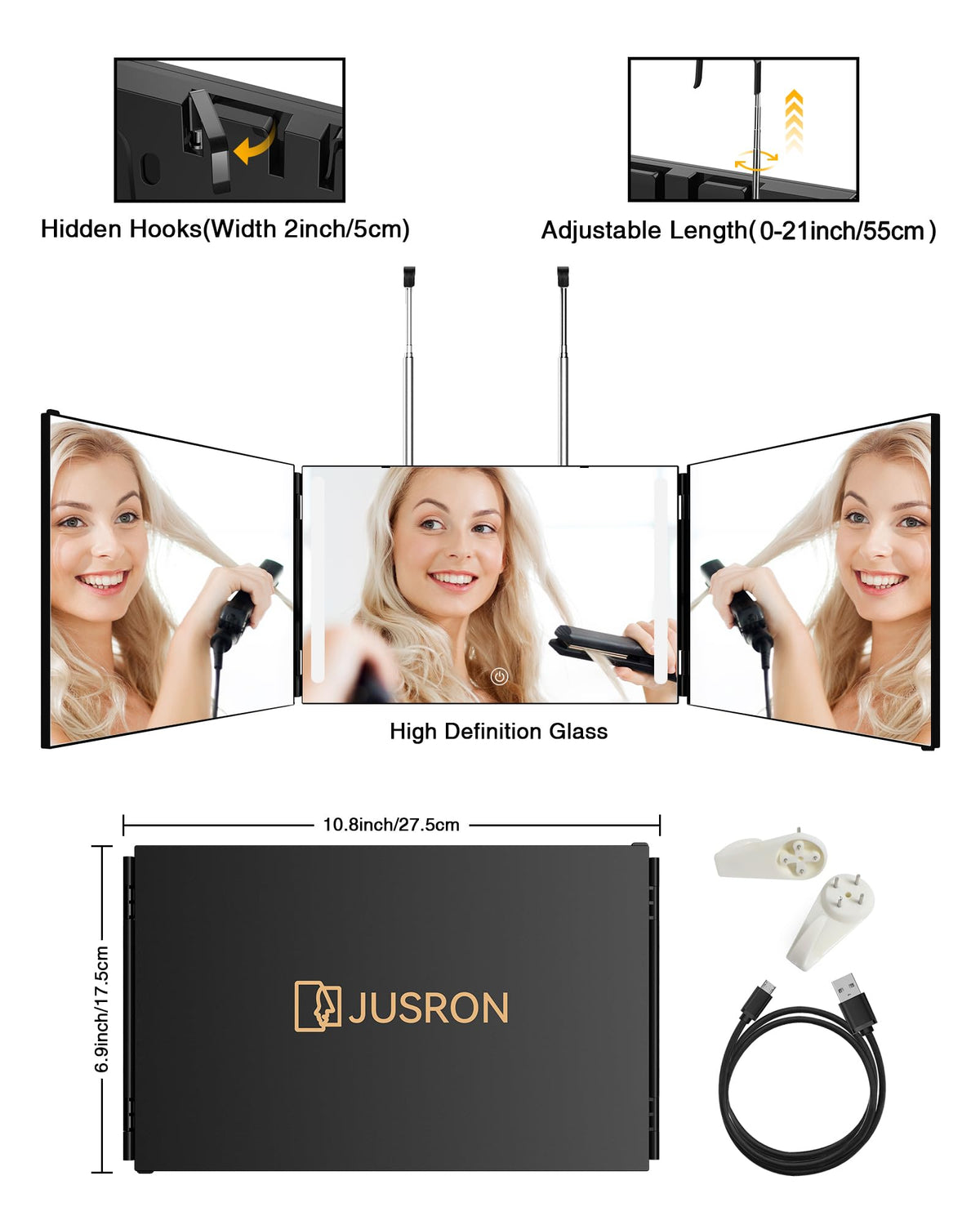 JUSRON mirror showing adjustable height feature