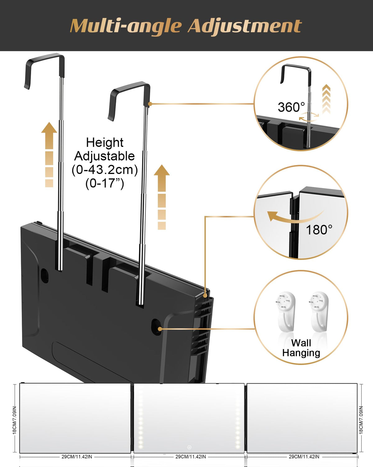 JUSRON Self Hair Cutting Mirror side view showing adjustable height feature