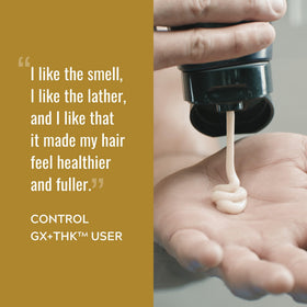Just for Men Control GX + THK Shampoo & Conditioner in a bathroom setting