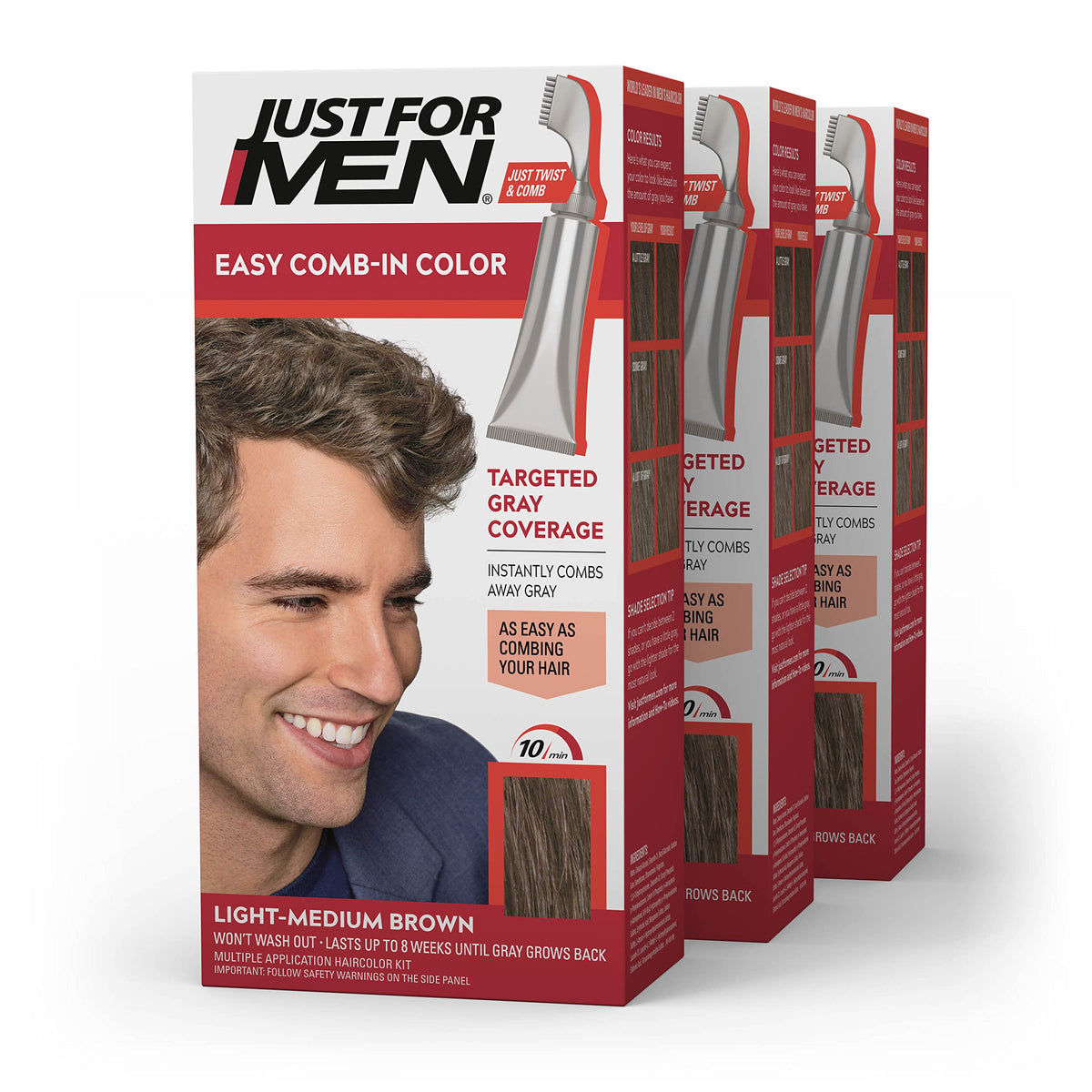 Just for Men Easy Comb-In Color Light-Medium Brown 3 Pack front view