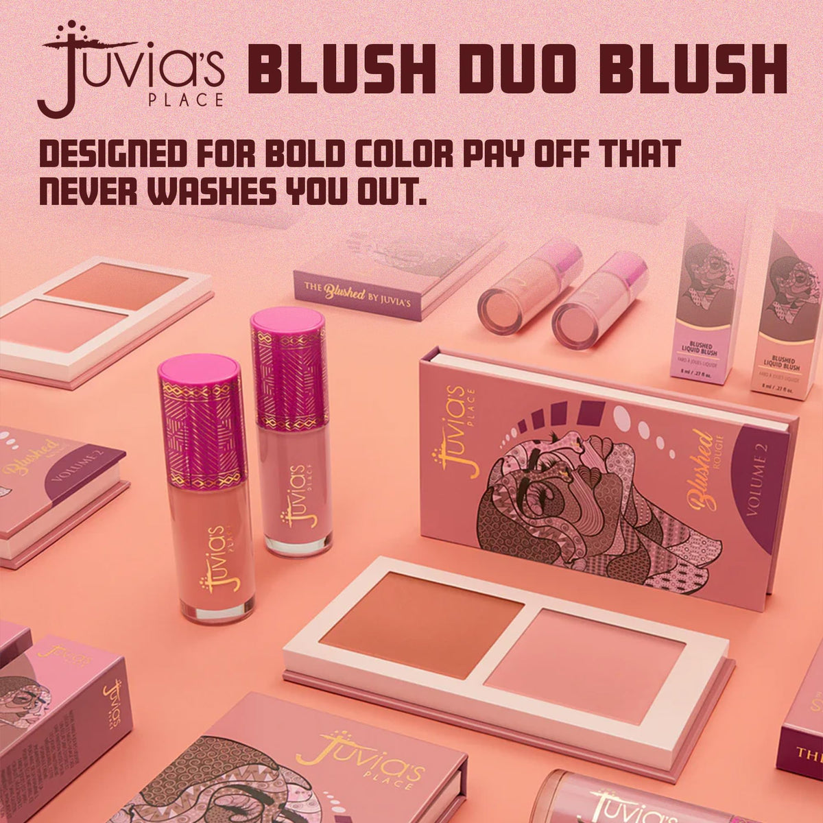 Juvia's Place Duo Blush Vol. 2 on a vanity with brushes