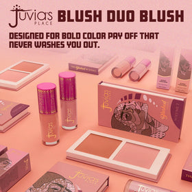 Juvia's Place Duo Blush Vol. 2 on a vanity with brushes
