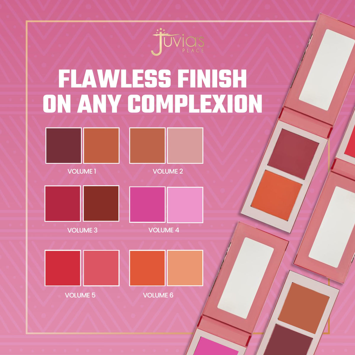 Juvia's Place Duo Blush Volume 3 on a vanity with brushes