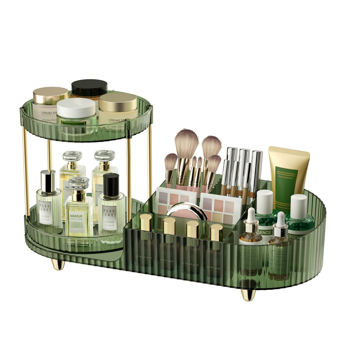 Jywantful 360 Rotating Makeup Organizer front view with dark green finish