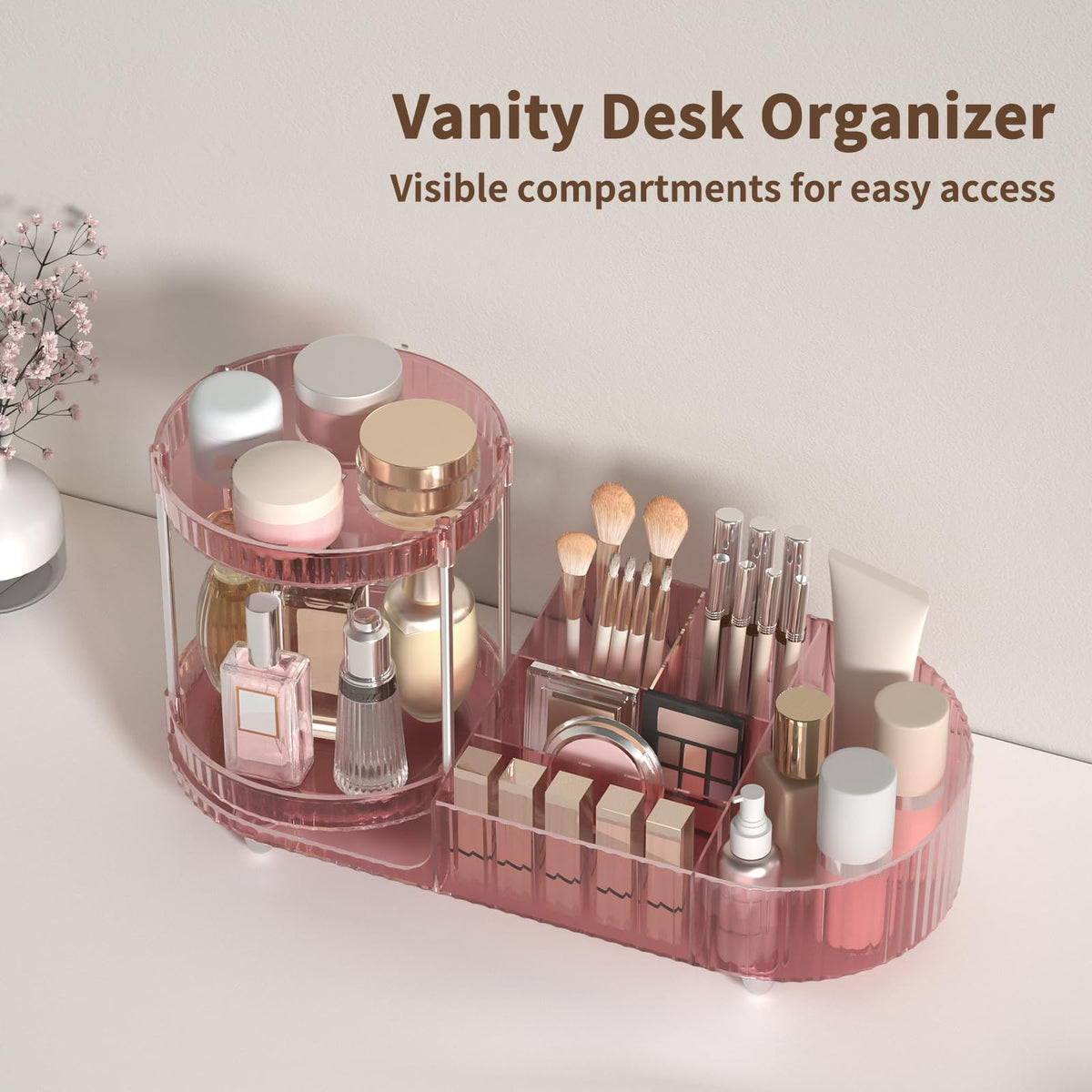 Jywantful 360 Rotating Makeup Organizer on a vanity with cosmetics