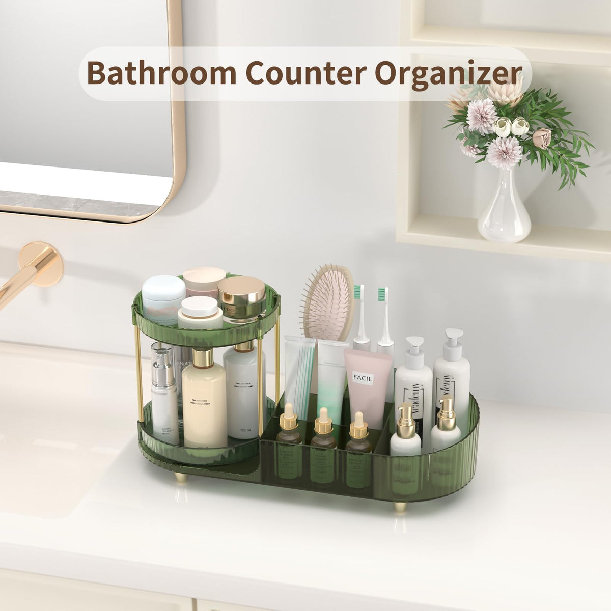Jywantful makeup organizer on a vanity with beauty products