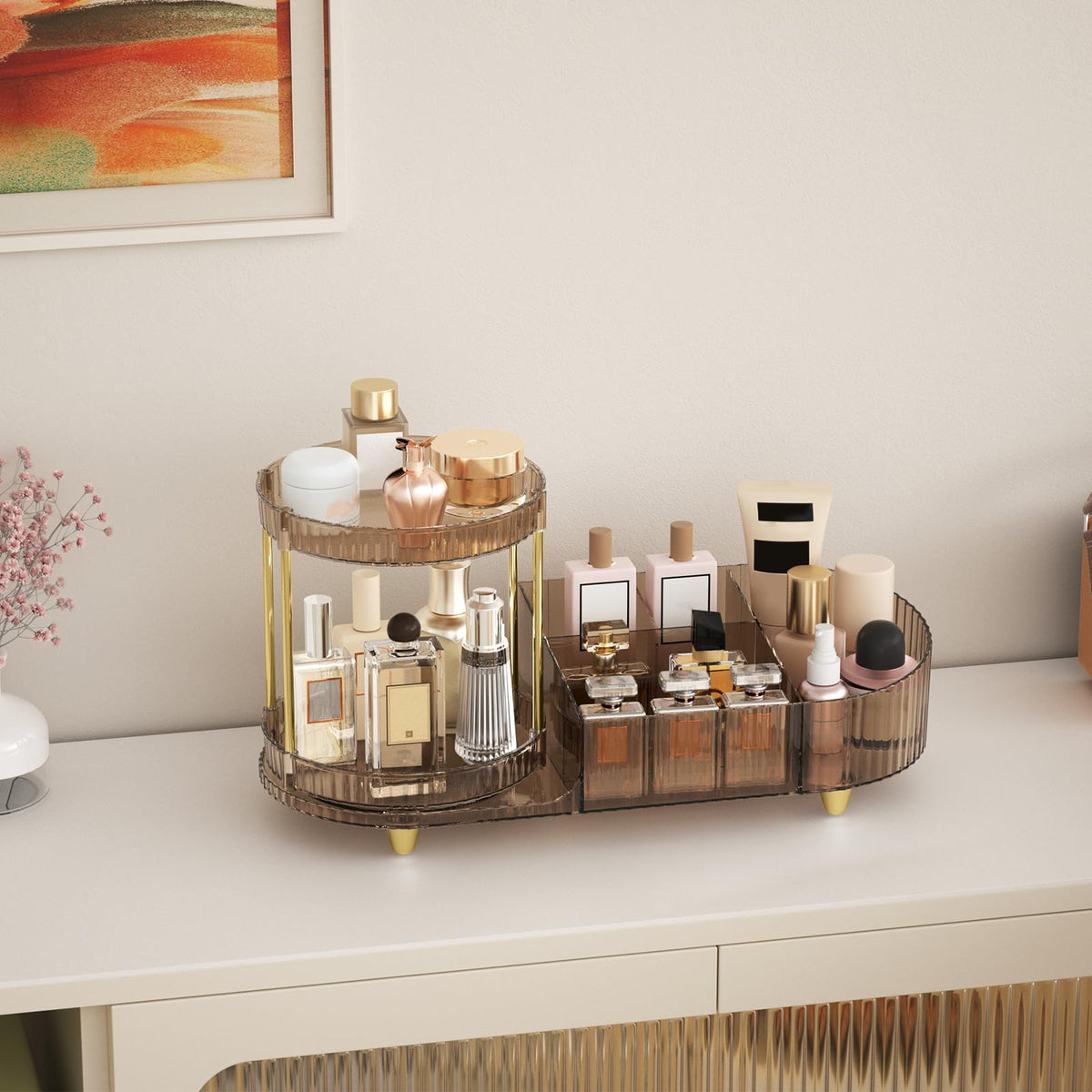 Jywantful Makeup Organizer with clear design and gold accents