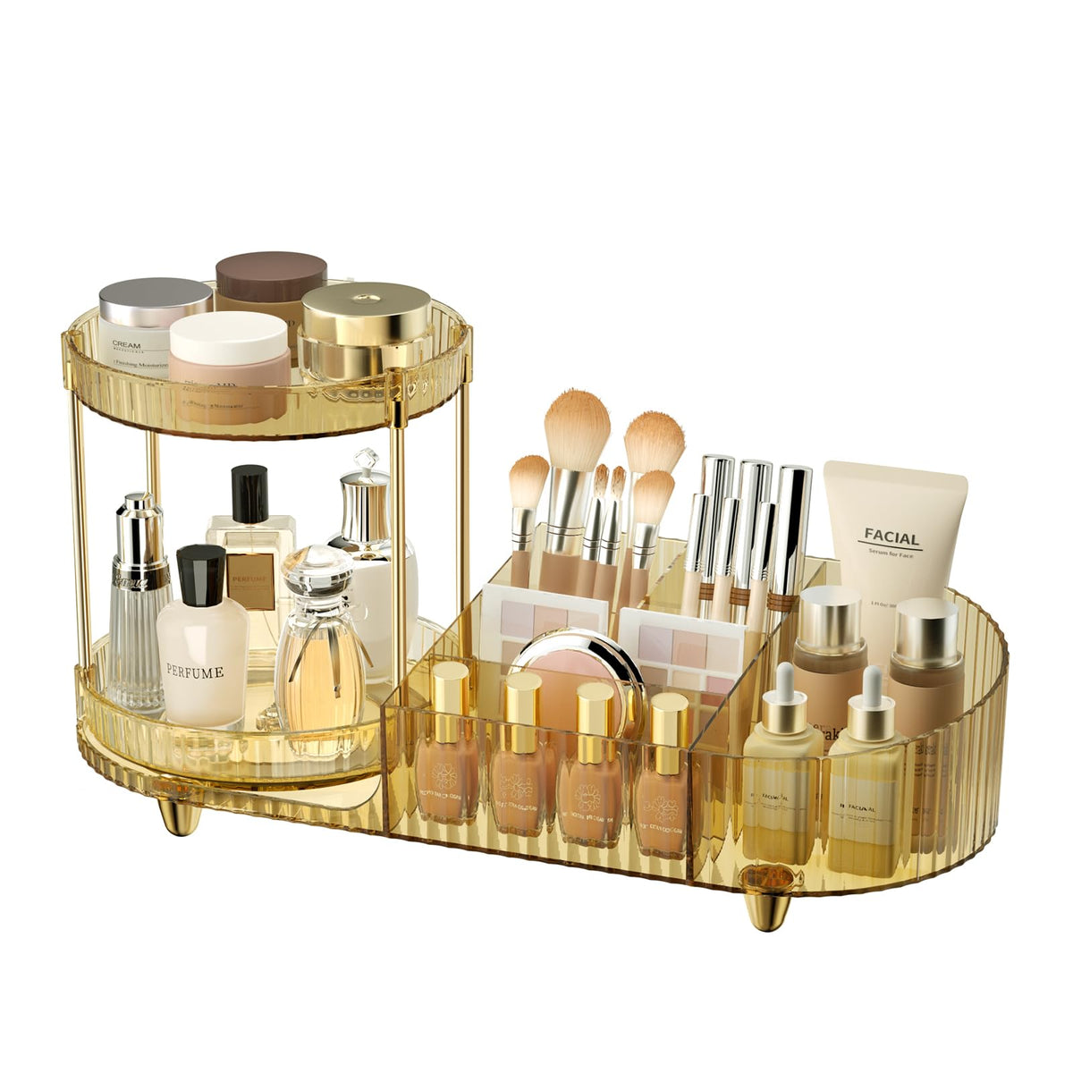 Jywantful Rotating Makeup Organizer front view in clear amber gold