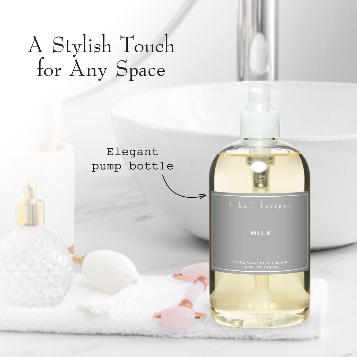 K. Hall Designs Milk Liquid Hand Soap creamy-sweet coconut vanilla in a bathroom setting