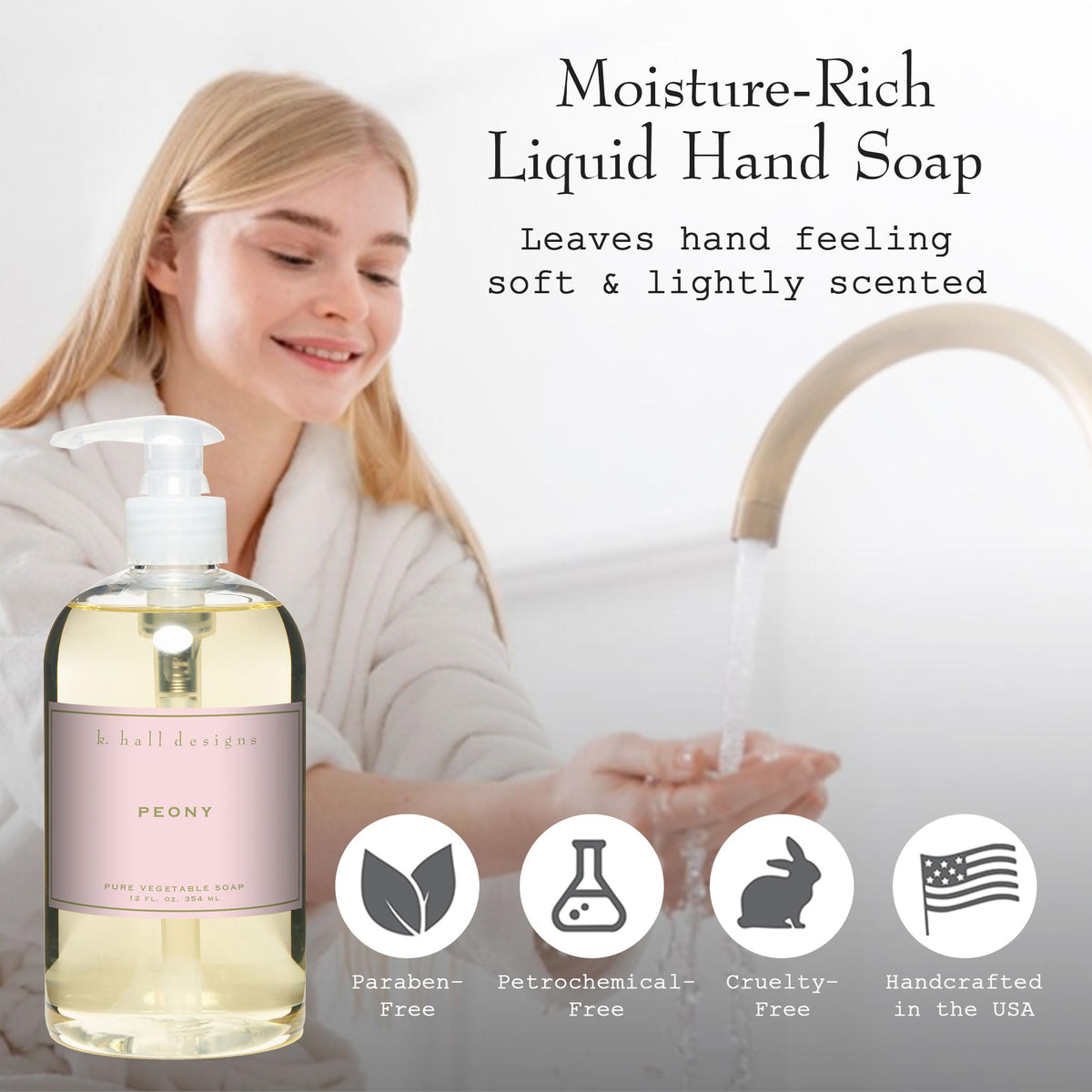 K. Hall Designs Peony Liquid Hand Soap bottle with floral design