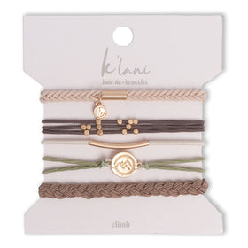 K'lani Climb Hair Tie Bracelets in assorted colours on a white background