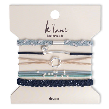 K'lani Dream Hair Tie Bracelets in assorted colours stacked