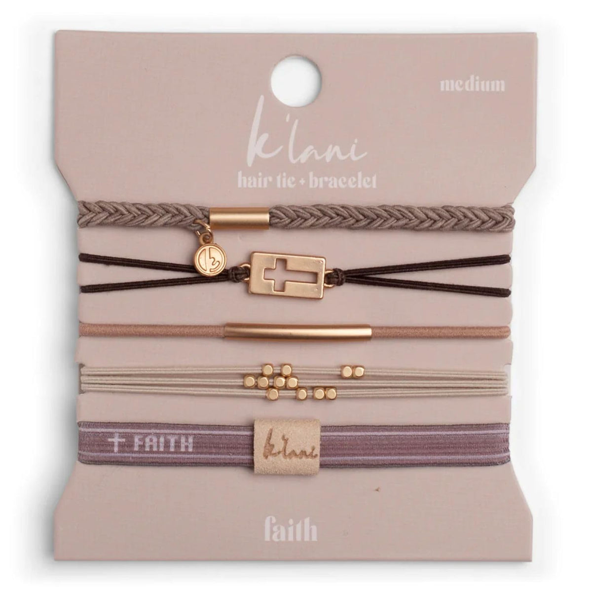 K'lani Faith Hair Tie Bracelets front view with five color-coordinated designs